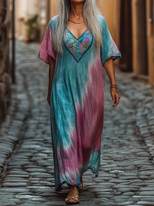 Women's Tie-Dye Heart Art Pattern Print Pocket Cotton Dress