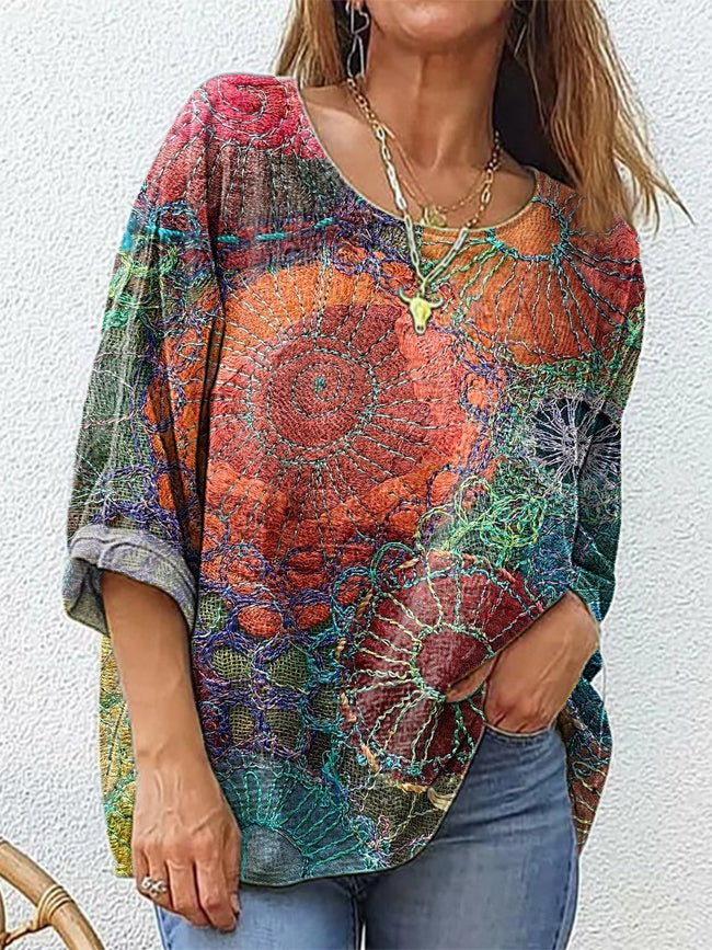 Women's Vintage Ethnic Patchwork Art Print Casual Crew Neck Cotton And Linen Shirt