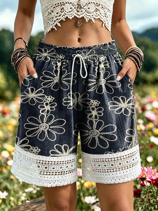 Women's Floral Art Print Cotton-Linen Shorts with Lace Splicing