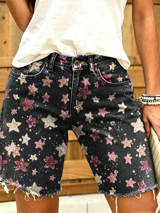 Women's Retro Star Art Print Casual Washed Cotton Shorts