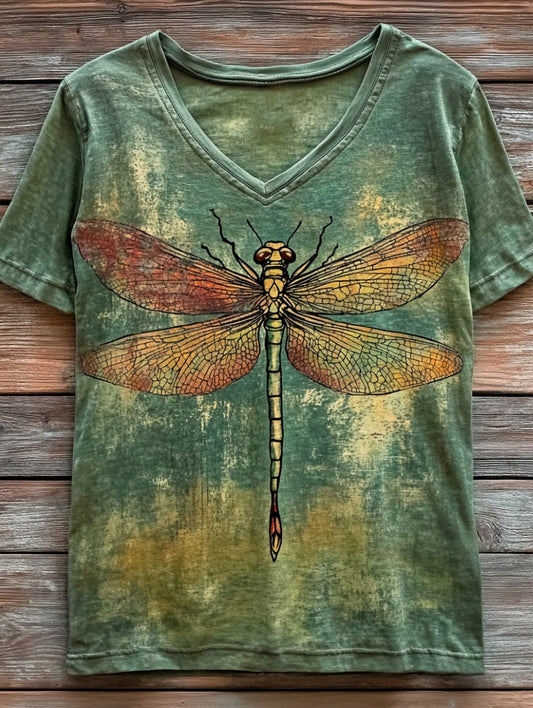 Women's Retro Dragonfly Art Print V-neck Casual T-Shirt