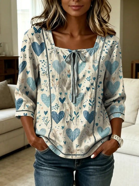 Women's Heart-print Artistic Tie-front Square-neck Short-sleeve Top