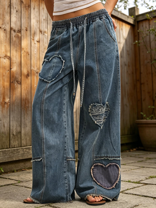Women's Retro Heart Art Print Casual Washed Cotton Jeans