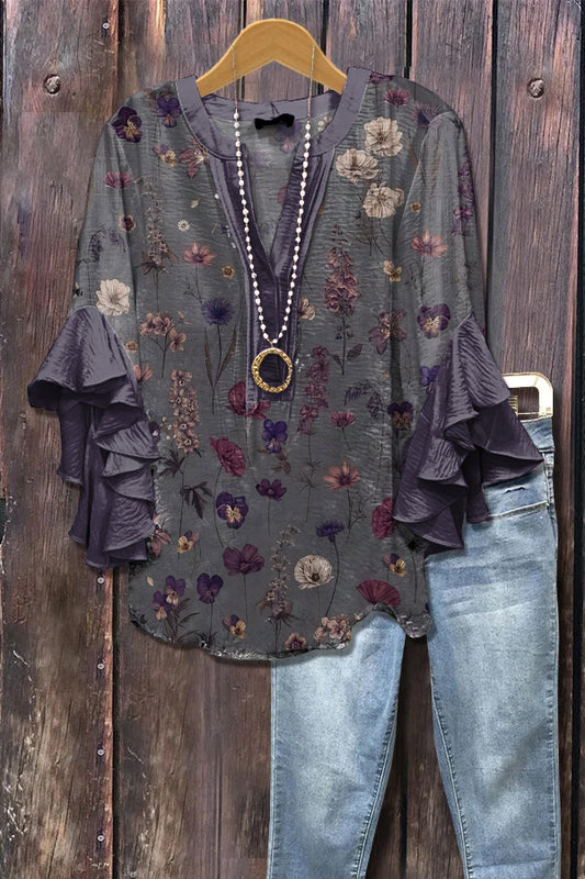 Elegant Floral Print Ruffle Sleeve Top