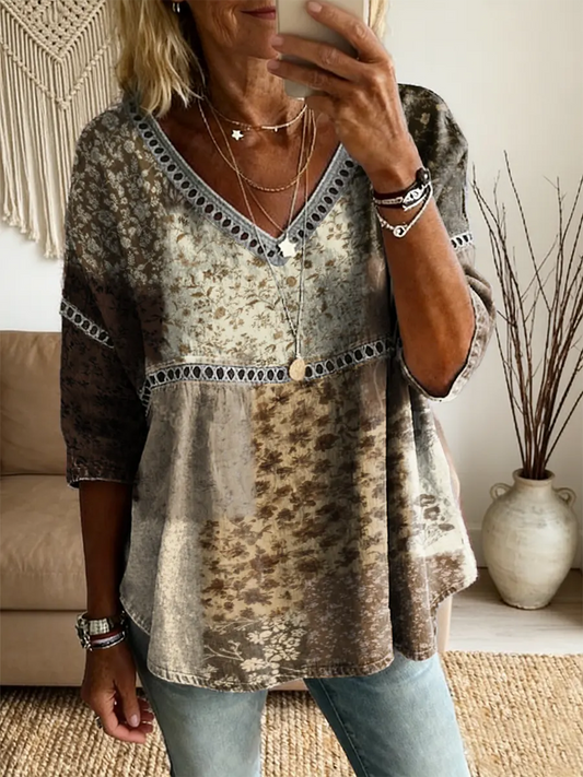 Women's Retro Floral Art Print V-Neck Lace Shirt