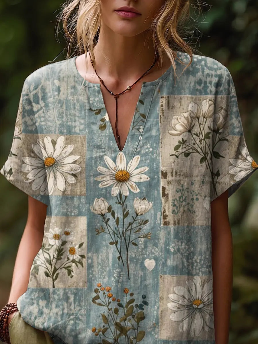Ethnicity Bohemian Style Flowers Women's Art Print Casual Short-sleeve V-neck Cotton Linen Shirt
