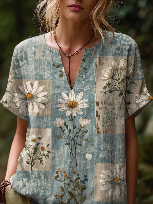 Ethnicity Bohemian Style Flowers Women's Art Print Casual Short-sleeve V-neck Cotton Linen Shirt