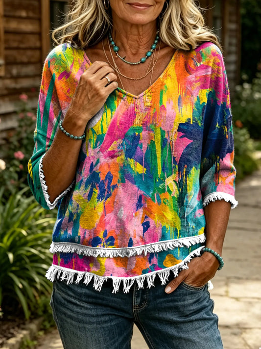 Women's Bohemian Colorful Oil Painting Pattern Art Print Casual Top