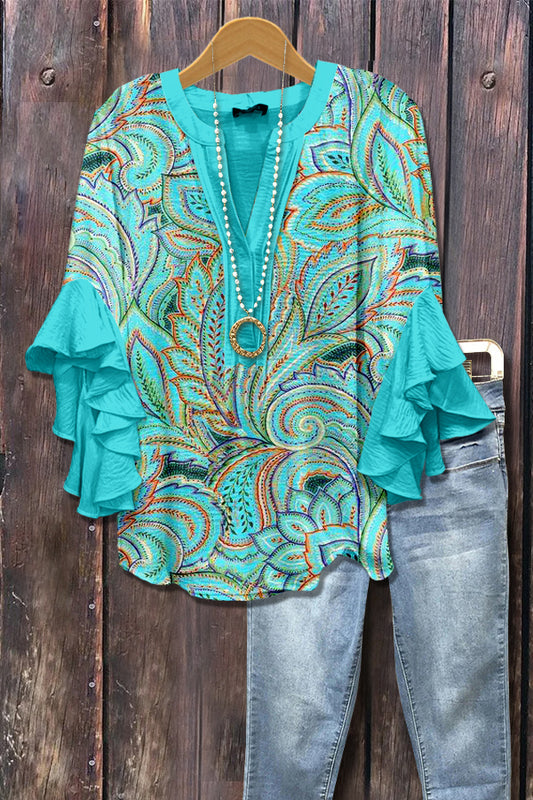 Retro Paisley Print V-Neck Top