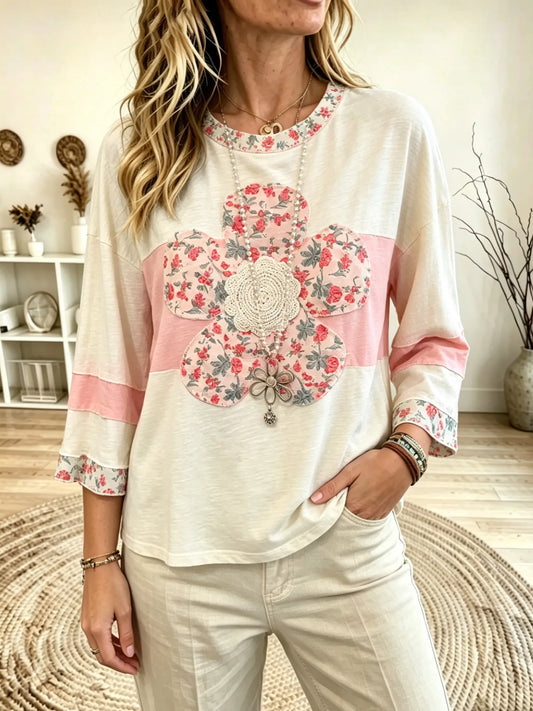 Women's Round Neck Three Quarter Sleeve Floral Patchwork Top