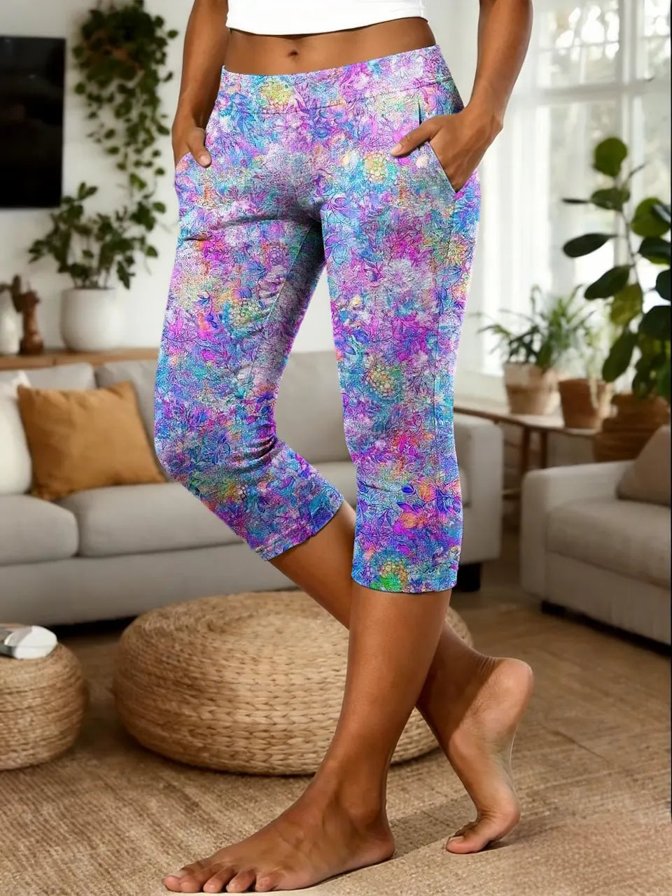 Women's Vintage Purple-Blue Floral Art Print Casual Leggings