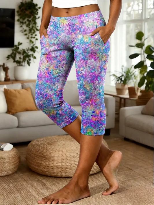 Women's Vintage Purple-Blue Floral Art Print Casual Leggings