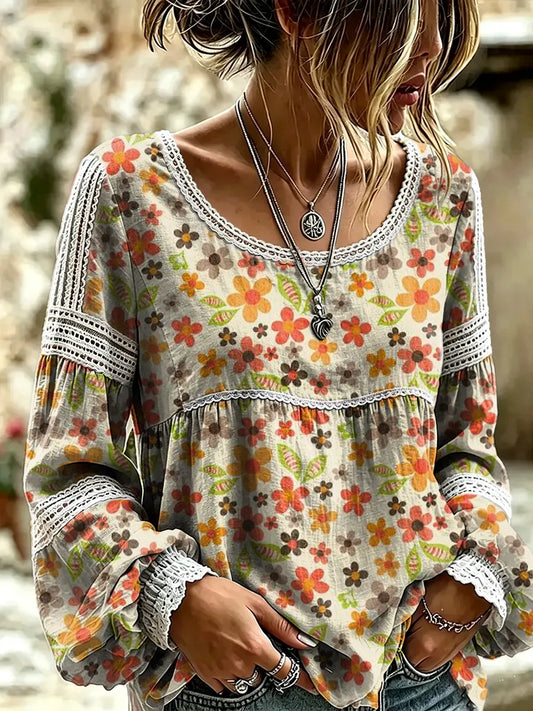 Women's Colorful Petal Art Print Lace Shirt