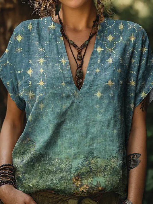 Women's Casual V-neck Short-sleeve T-shirt With Starry Forest Art Print