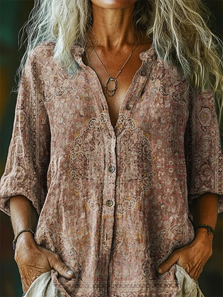 Women's Vintage Ethnic Floral Art Print Linen And Cotton V-neck Casual Shirt