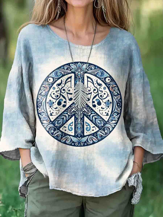 Women's Hippie Graphic Art Print Casual Cotton and Linen Shirt