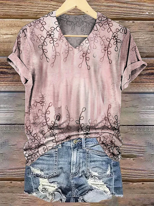 Women's Simple Floral Art Print V-Neck Casual T-Shirt