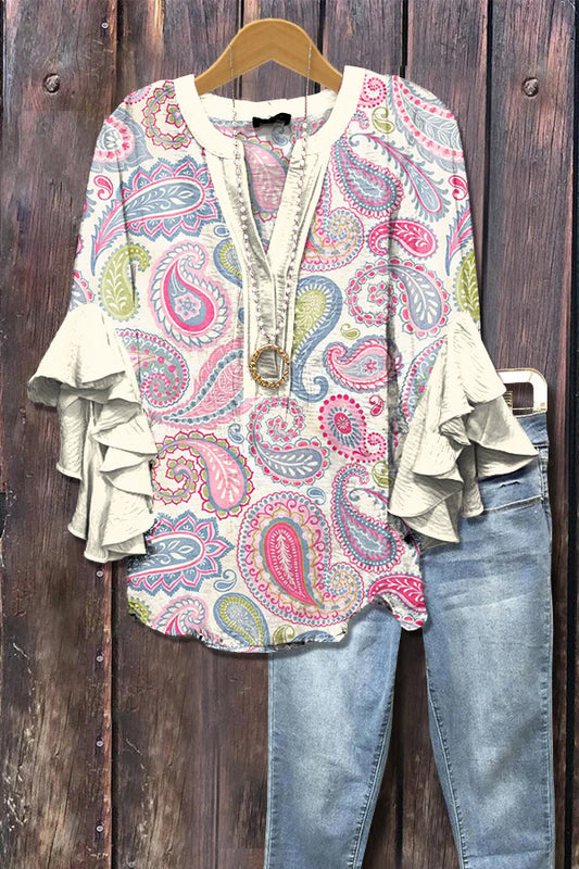 Elegant Paisley Print Ruffle Sleeve Top