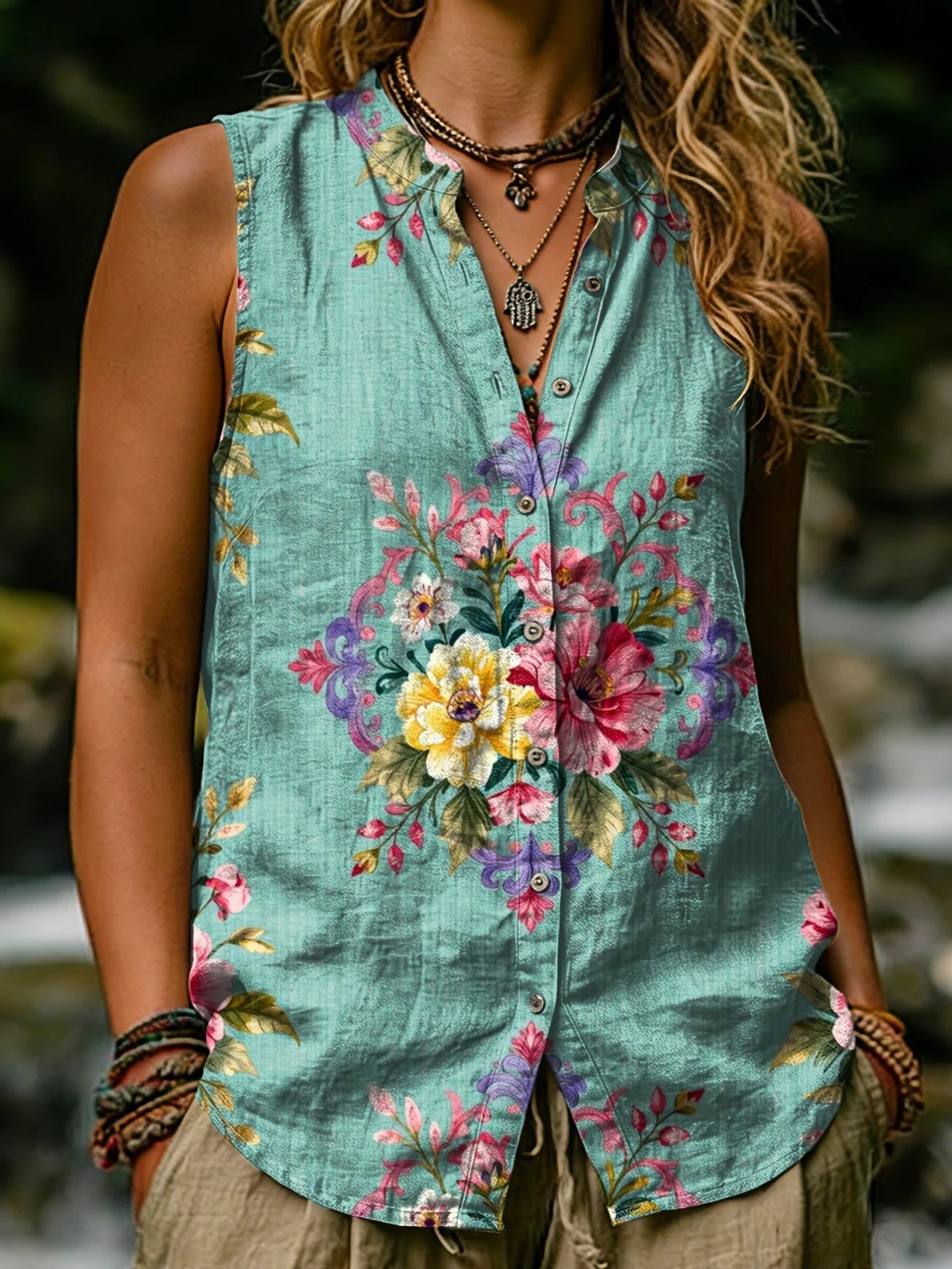 Women's Ethnic Floral Art Print Casual Sleeveless Shirt Tank Top