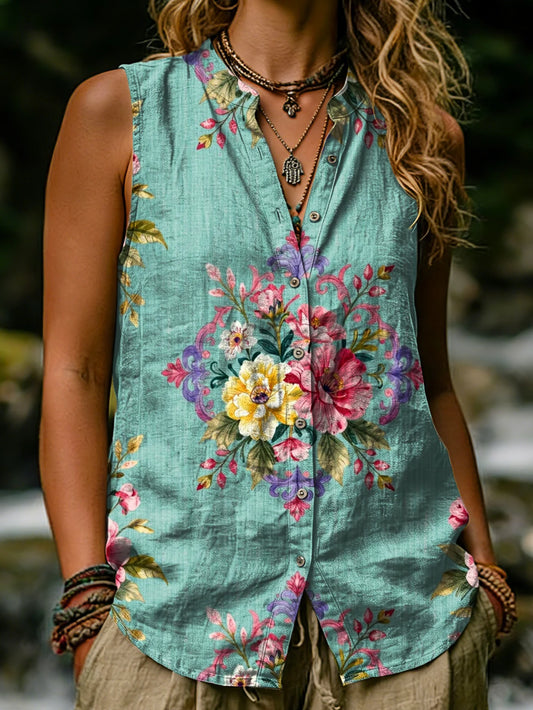 Women's Ethnic Floral Art Print Casual Sleeveless Shirt Tank Top