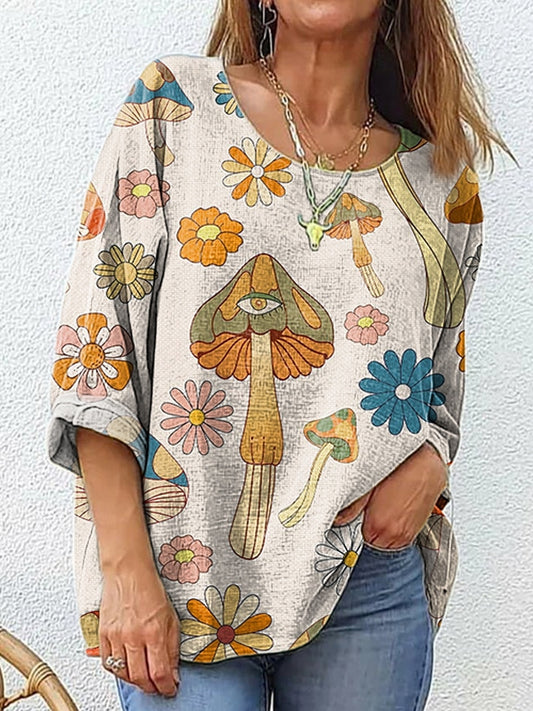 Eye Mushroom Floral Pattern Art Print Cotton Linen Women's Casual Shirt