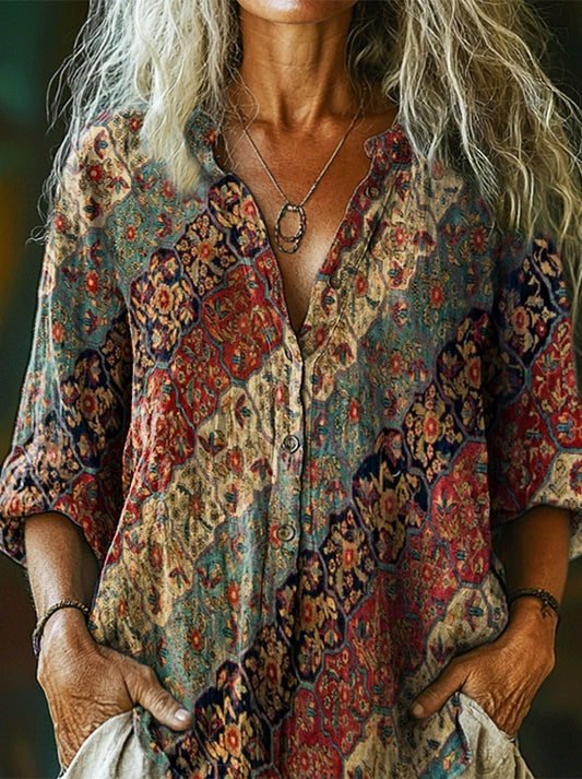 Women's Retro Ethnic Collage Art Pattern Print Casual Cotton Linen Shirt