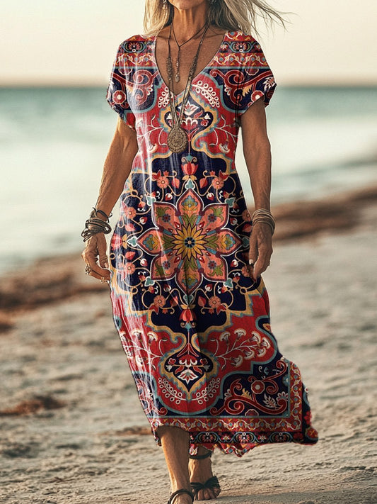 Women's Retro Ethnic Pattern Art Print Round Neck Sleeveless Pocket Linen Dress