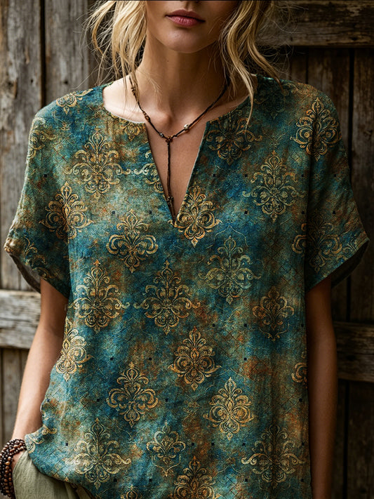 Women's Retro Bohemian Ethnic Art Print Casual Short-sleeve V-neck Cotton Linen Shirt