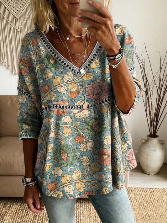 Women's Retro Floral Art Print V-Neck Lace Shirt