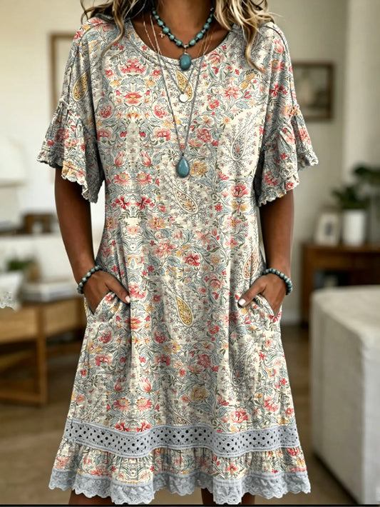 Women's Vintage Floral Print Lace Cutout Dress