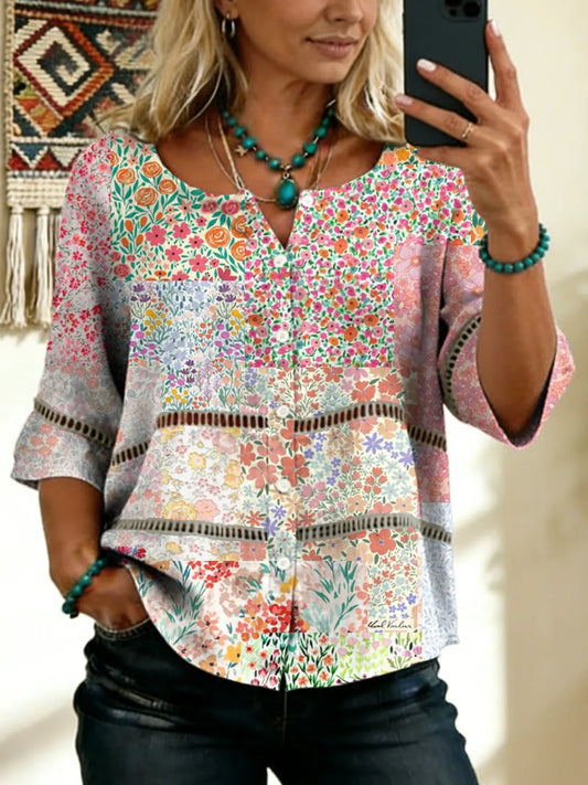 Women's Vintage Floral Art Print Tie-front Button-up Short-sleeve Shirt