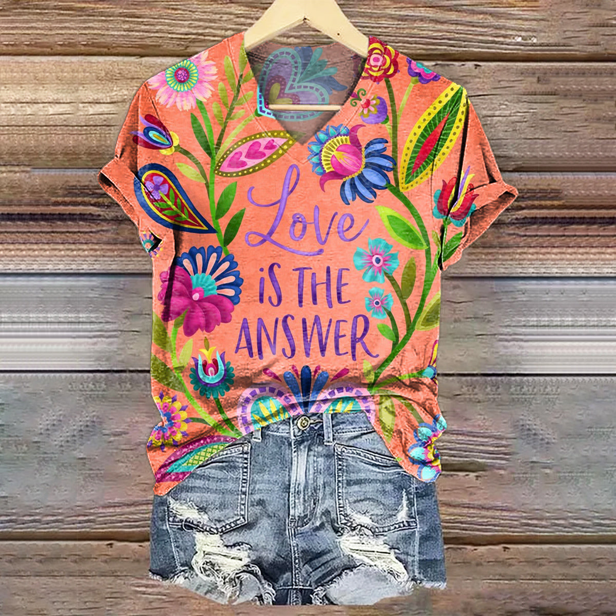 Women's Love Is The Answer Graphic Art Print V-neck Casual T-shirt