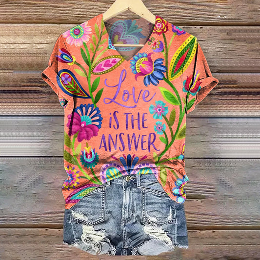Women's Love Is The Answer Graphic Art Print V-neck Casual T-shirt