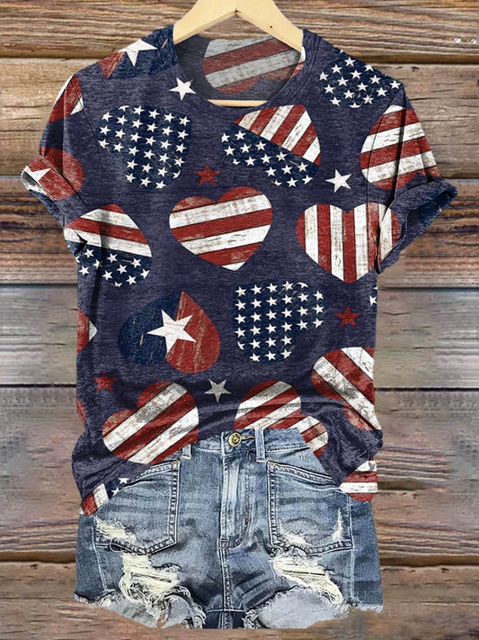 Women's Vintage Heart American Flag Independence Day Print Crew Neck T-Shirt