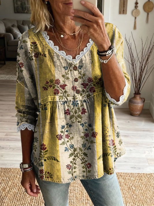 Women's Vintage Floral Art Print Casual V-Neck Lace-Spliced Top