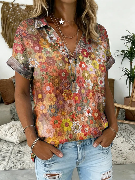 Women's Colorful Flowers Print V-neck Short-sleeve Shirt