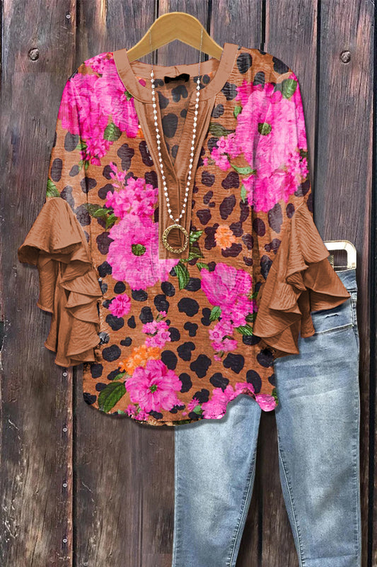 Elegant Leopard Floral Print Ruffle Sleeve Top