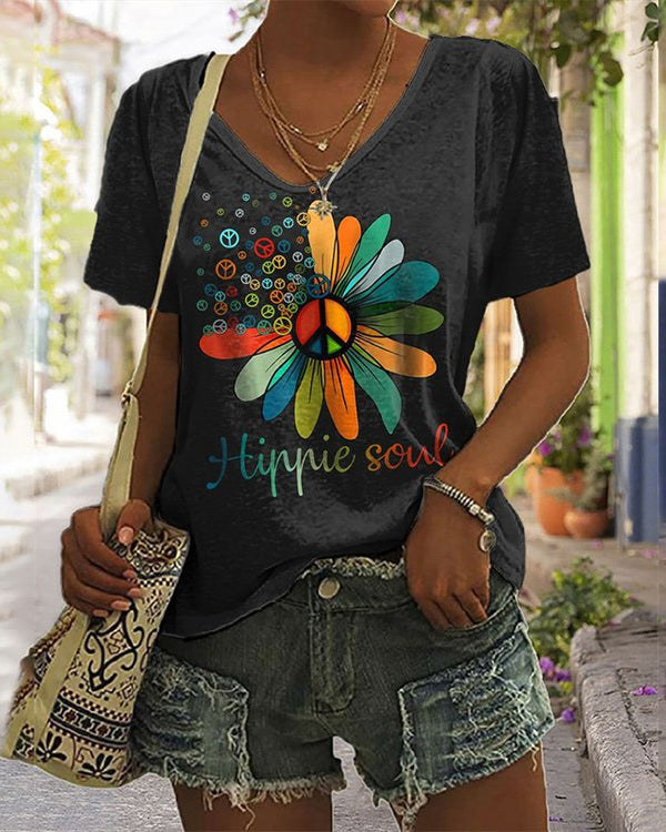 Hippie Floral Print Short Sleeve T-Shirt