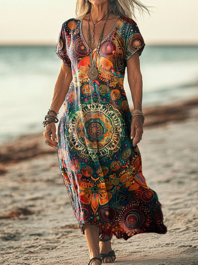 Women's Vintage Mandala Art Print Pocket Linen Dress