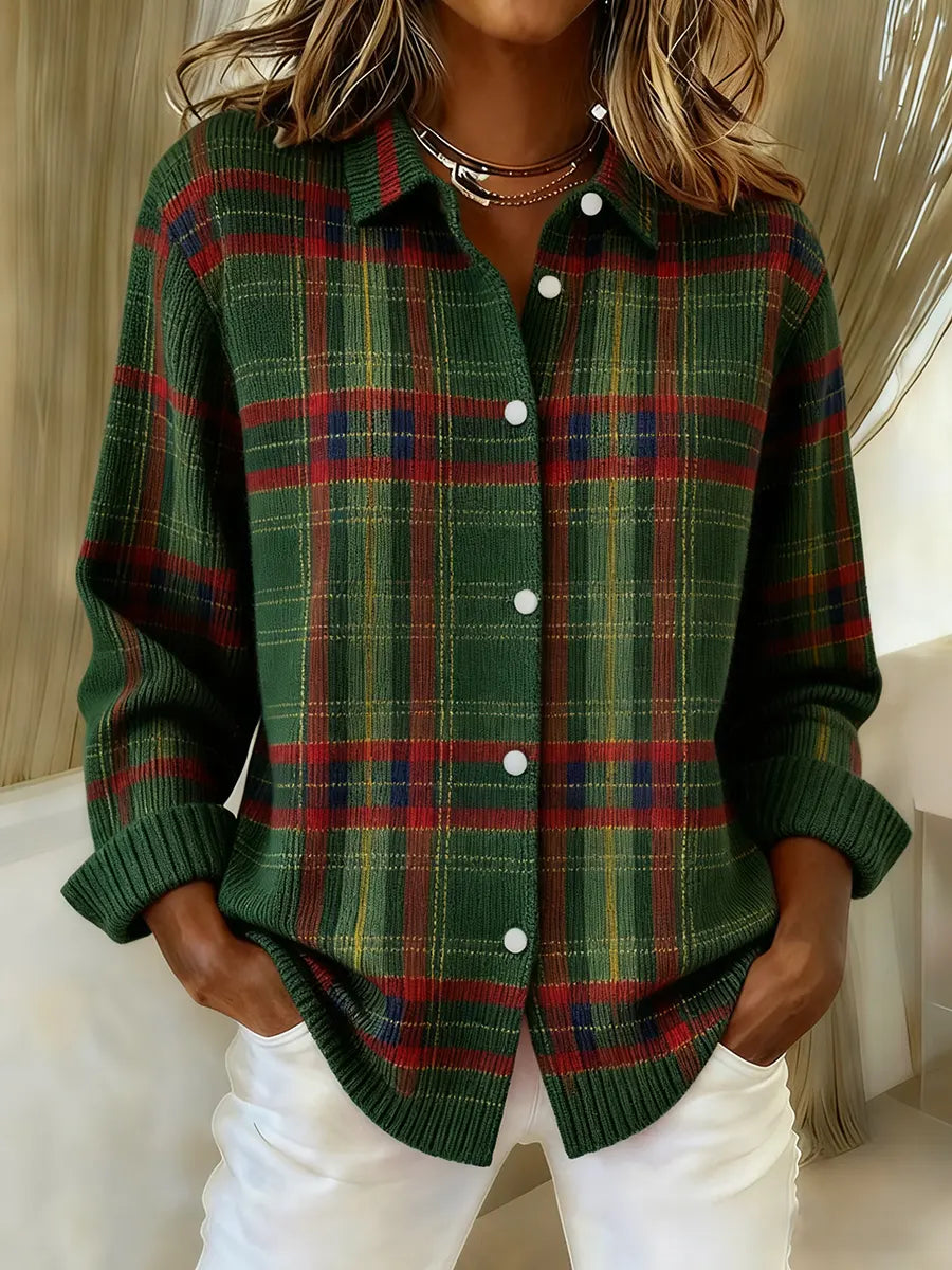 Women's Christmas Plaid Art Print Knit Cardigan