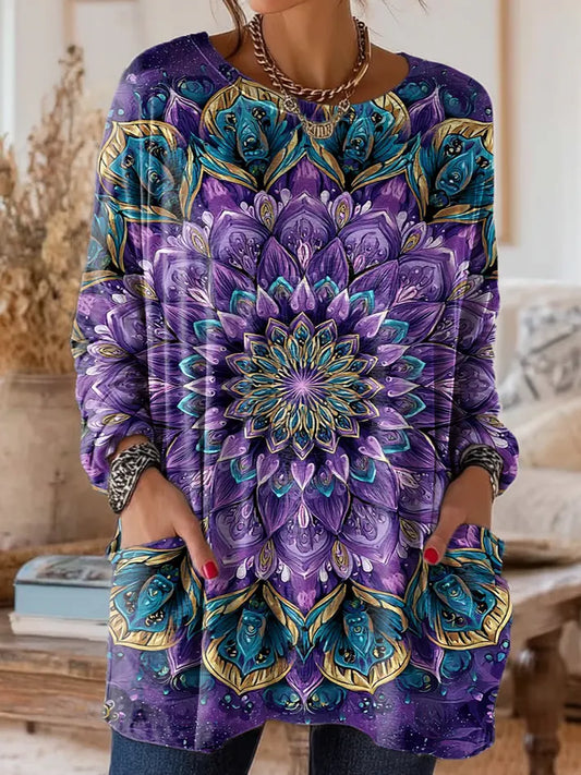 Women's Vintage Mandala Floral Art Print Casual Long-Sleeve T-Shirt