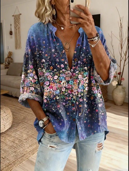 Women's Floral Art Print Casual Cotton-linen Blend Shirt