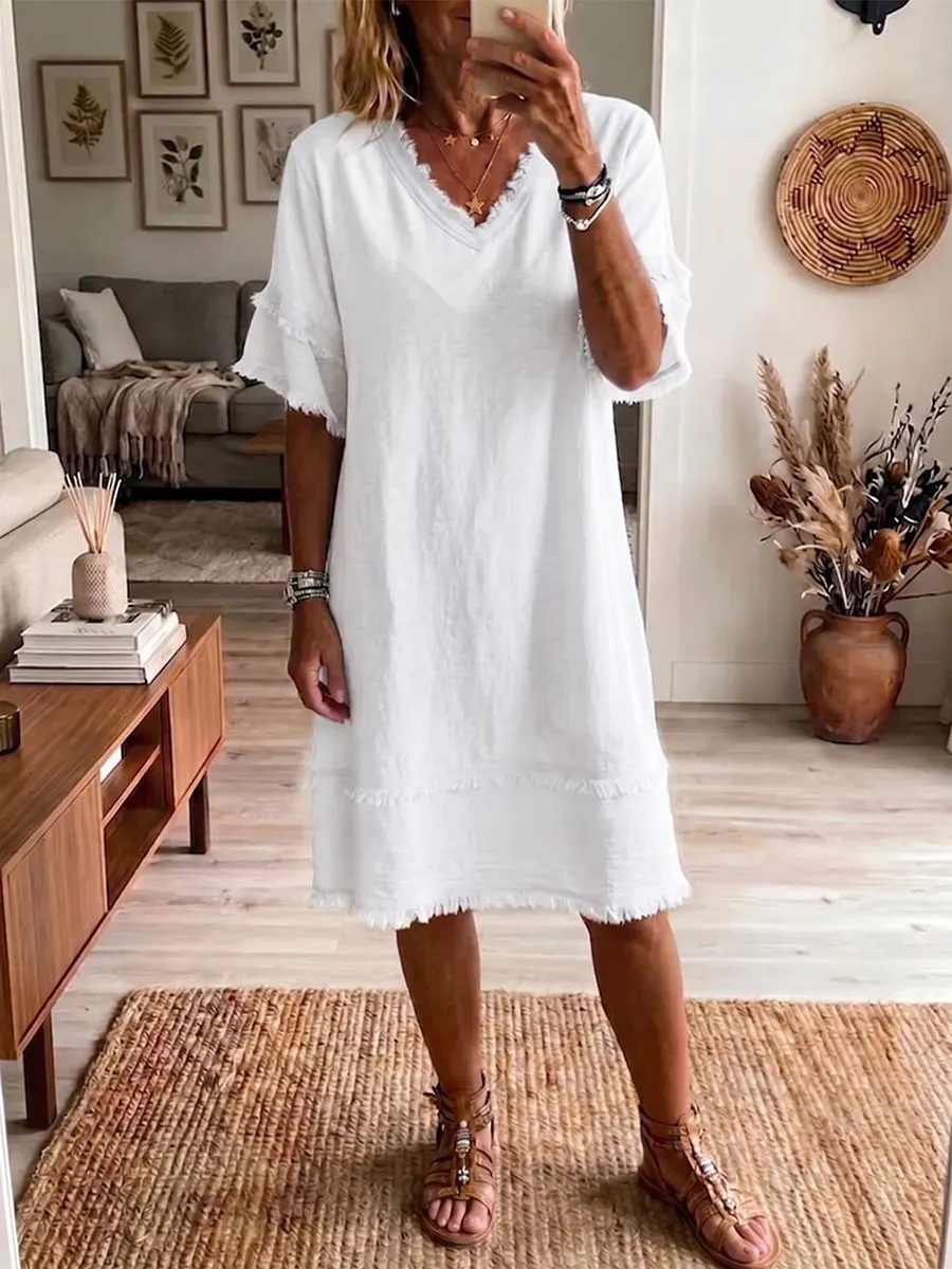 Vintage Art Print V-neck Tassels Cotton Dress