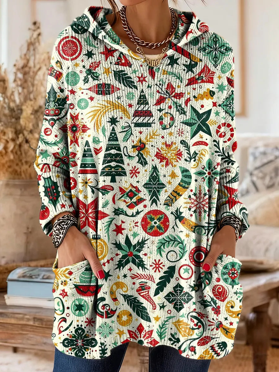 Women's Christmas Pattern Art Print Casual Knit Hoodie with Pockets