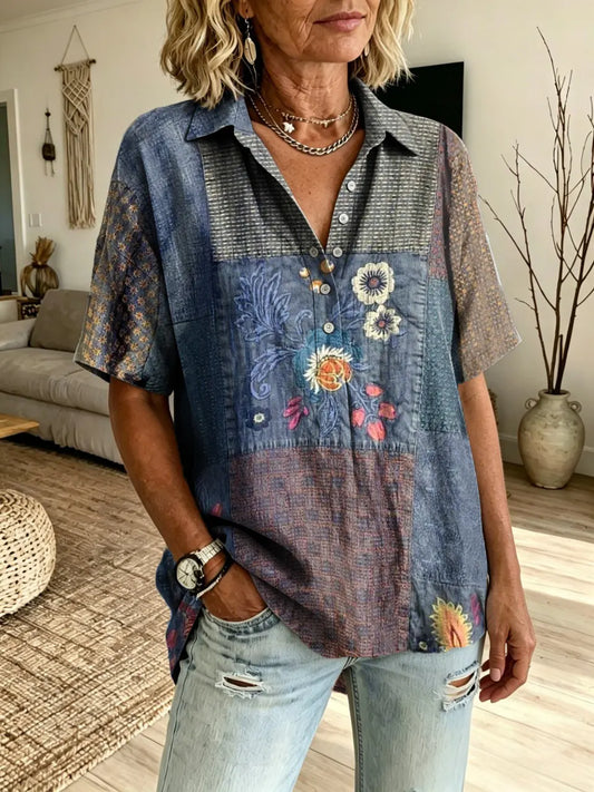 Women's Bohemian Patchwork Vintage Floral Art Print Short-Sleeve Henley Shirt with Turn-Down Collar