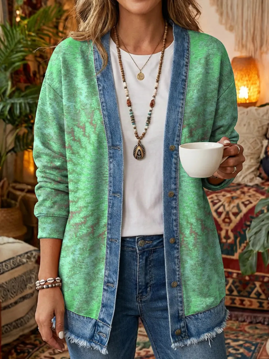 Vintage National Kaleidoscope Women's Art Print Casual Long Sleeve Denim Patchwork Shirt Coat