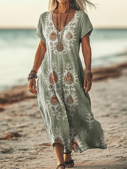 Women's Ethnic Pattern Printed Short Sleeve Pocket Cotton Linen Dress