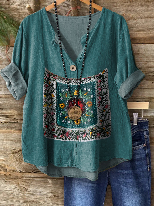 Women's Bohemian Floral Art Print Casual Cotton Linen Shirt