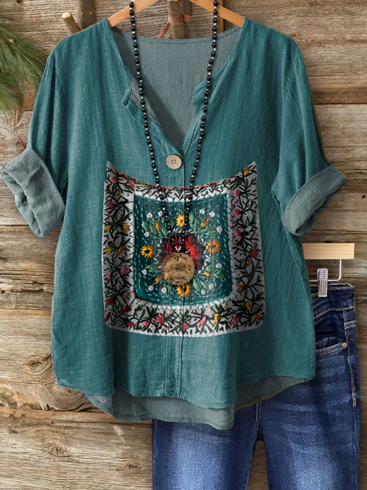 Women's Bohemian Floral Art Print Casual Cotton Linen Shirt