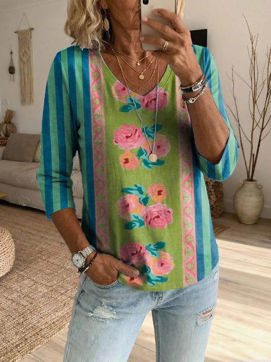 Women's Retro Striped Patchwork Floral Art Print Casual T-Shirt